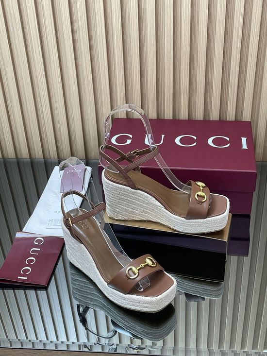 Gucci Horsebit Rope Platform Square Toe Wedge Sandals