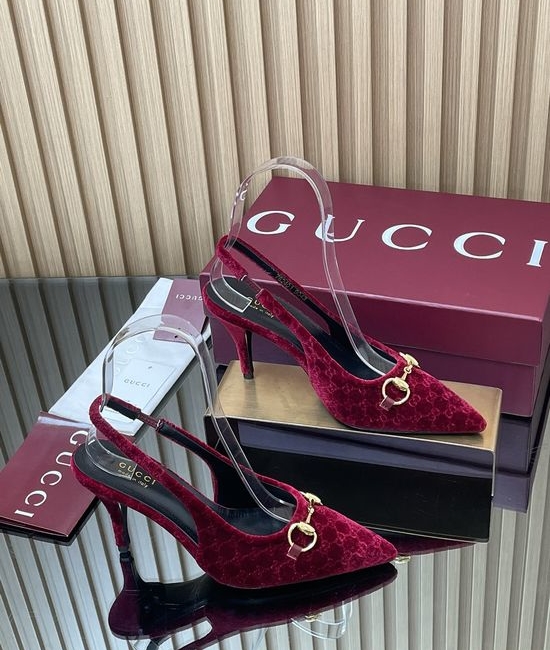 Gucci Velvet Slingback Stiletto Pumps with Decorative Metal Buckle