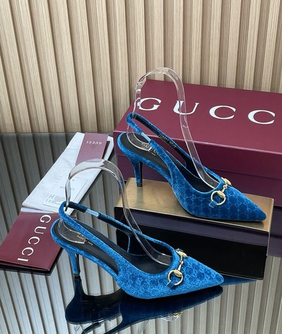 Gucci Velvet Slingback Stiletto Pumps with Decorative Metal Buckle
