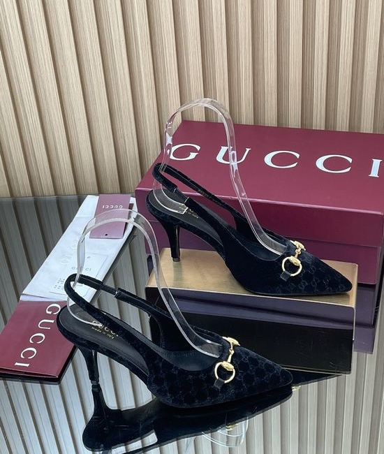Gucci Velvet Slingback Stiletto Pumps with Decorative Metal Buckle