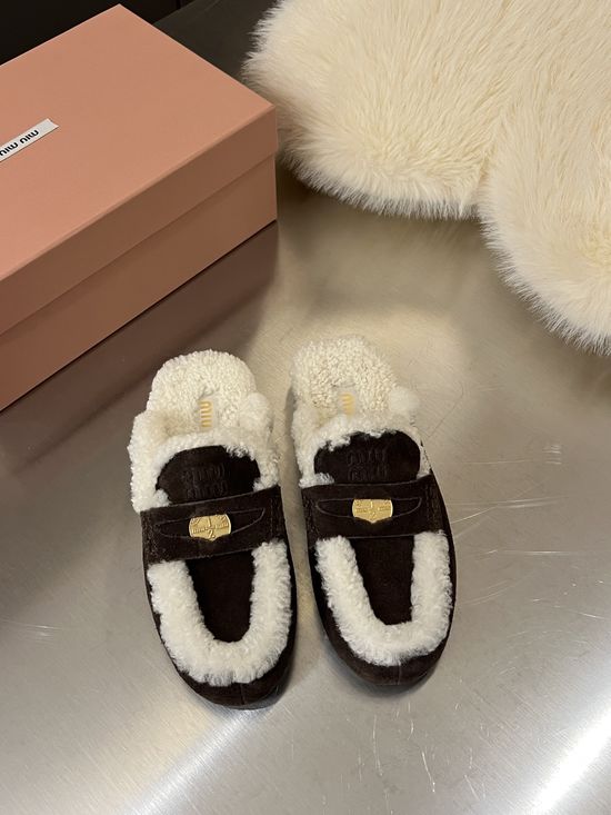 Miu Miu Suede Mule Slippers Wool Lining Non Slip Comfort Loafers