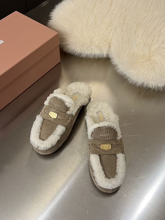 Miu Miu Suede Mule Slippers Wool Lining Non Slip Comfort Loafers