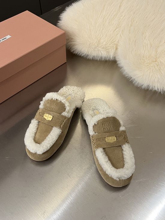 Miu Miu Suede Mule Slippers Wool Lining Non Slip Comfort Loafers
