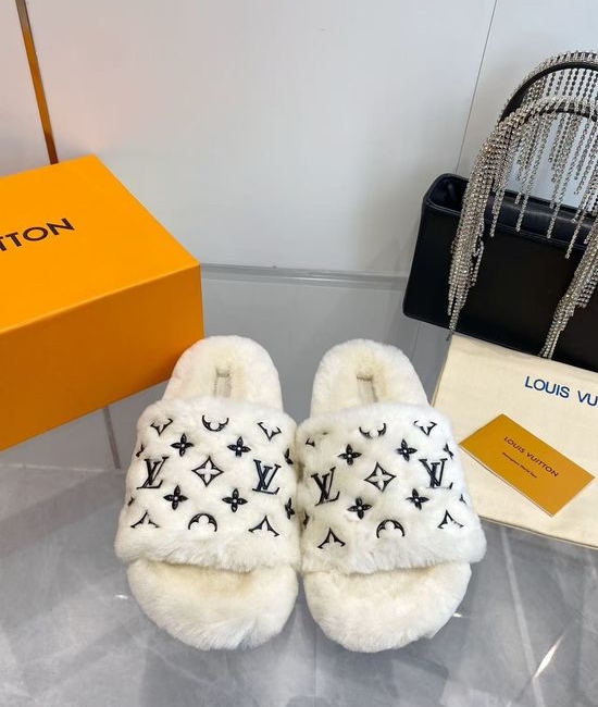 Louis Vuitton LV Monogram Wool Slippers Plush Lining Non-slip Cozy Indoor Footwear