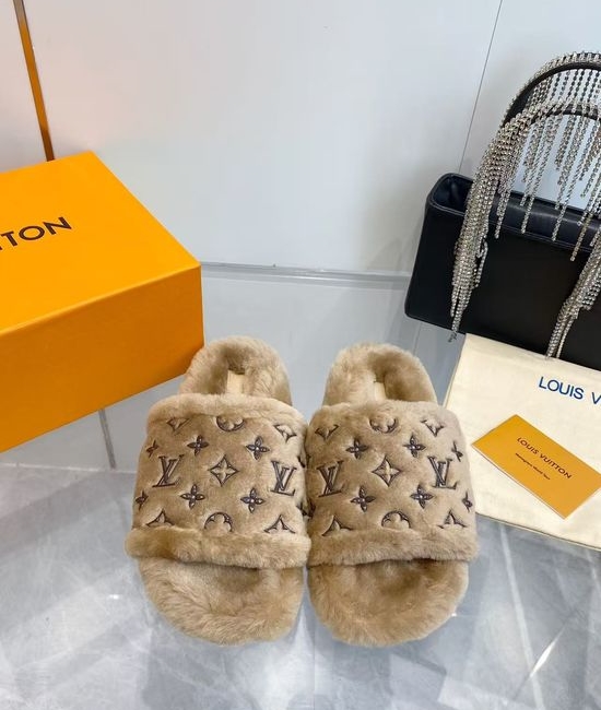 Louis Vuitton LV Monogram Wool Slippers Plush Lining Non-slip Cozy Indoor Footwear