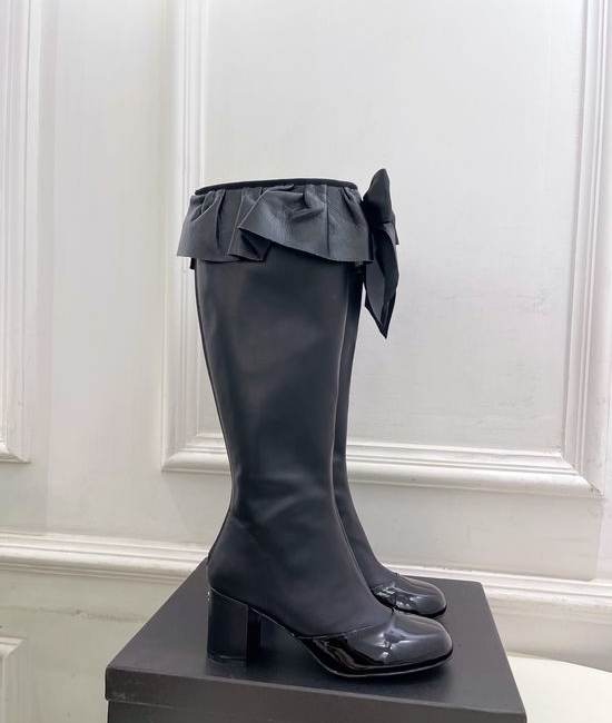 Chanel Bow Decor Ruched Stretch Lambskin Tall Boots
