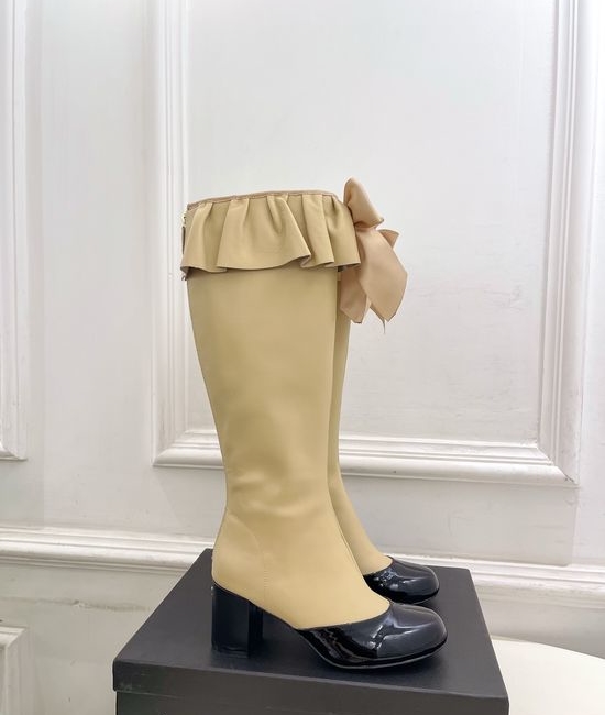 Chanel Bow Decor Ruched Stretch Lambskin Tall Boots