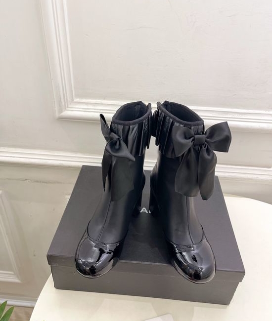 Chanel Bow Decor Ruched Stretch Lambskin Ankle Boots