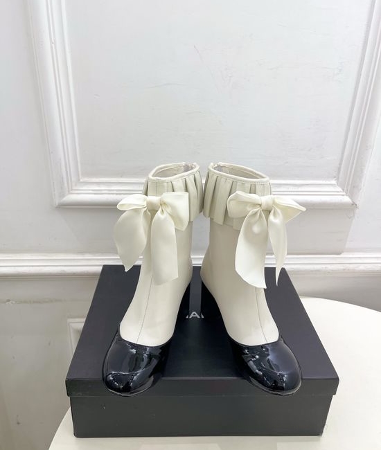 Chanel Bow Decor Ruched Stretch Lambskin Ankle Boots