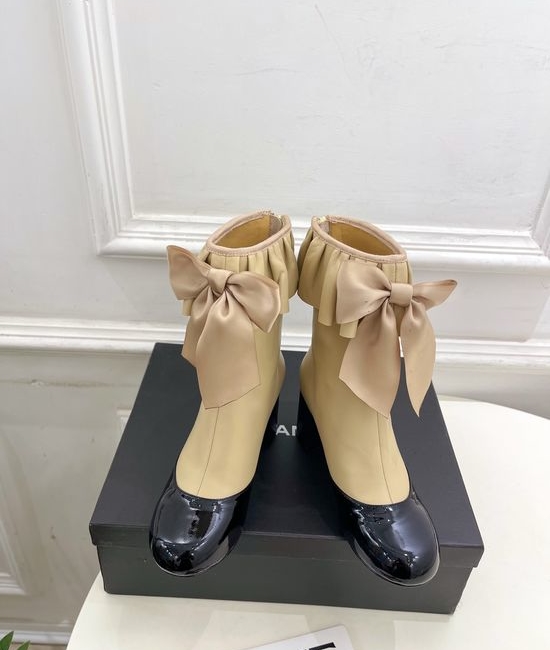 Chanel Bow Decor Ruched Stretch Lambskin Ankle Boots