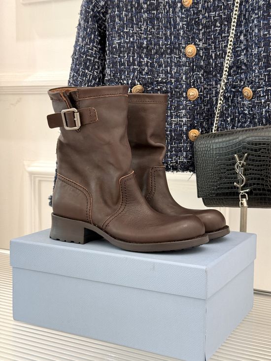 Prada Buckle Decor Leather Vintage Boots Premium Quality
