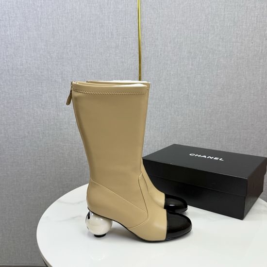 Chanel Pearl Heel Stretchy Knee High Boots Elegant Fashion Footwear