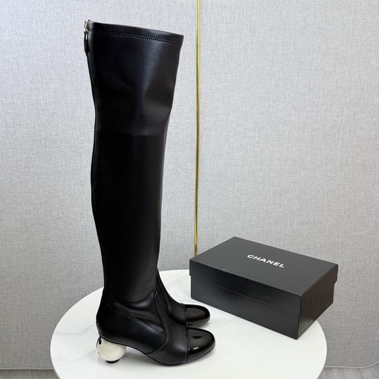 Chanel Pearl Heel Stretchy Knee High Boots Elegant Fashion Footwear