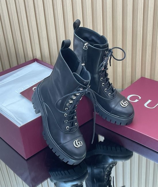 Gucci Decorative Buckle Leather Lace-Up Platform Ankle Boots Non-slip