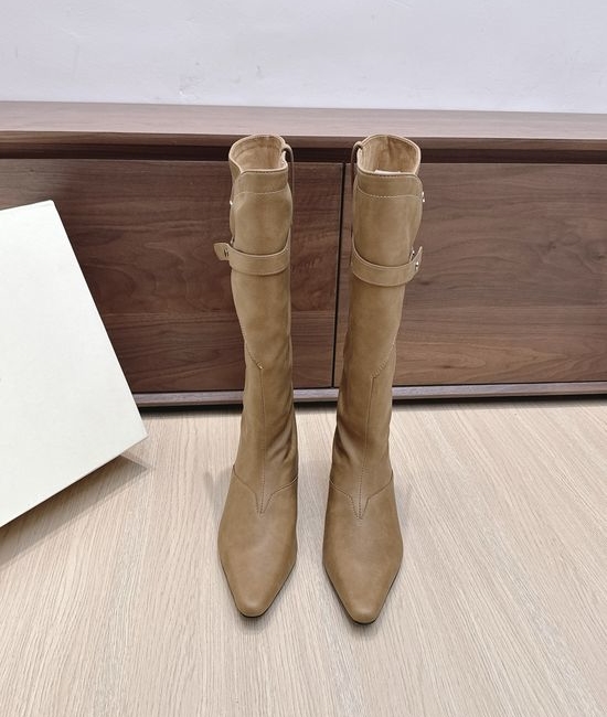 Orinous Square Toe Buckle Strap Suede Leather Tall Boots