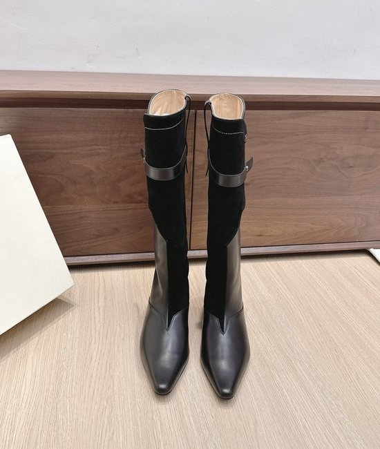 Orinous Square Toe Buckle Strap Suede Leather Tall Boots