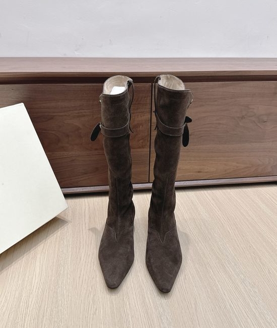 Orinous Square Toe Buckle Strap Suede Leather Tall Boots