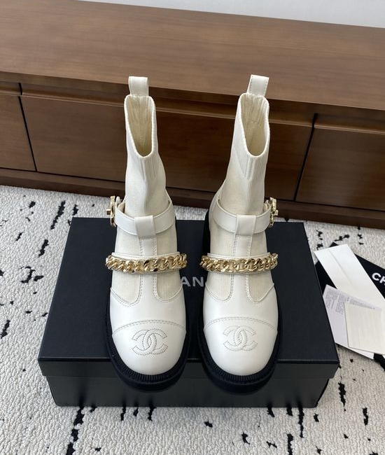 Chanel Stretchy Leather Ankle Boots with Chain and Classic Buckle Details