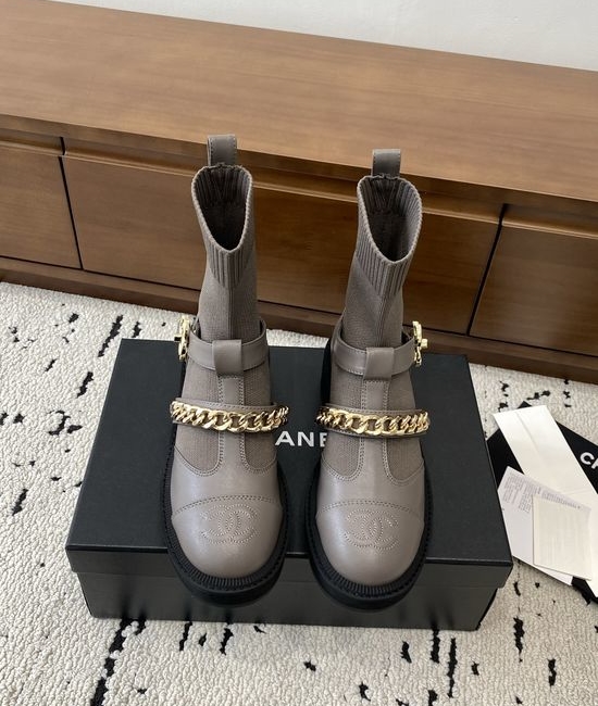 Chanel Stretchy Leather Ankle Boots with Chain and Classic Buckle Details
