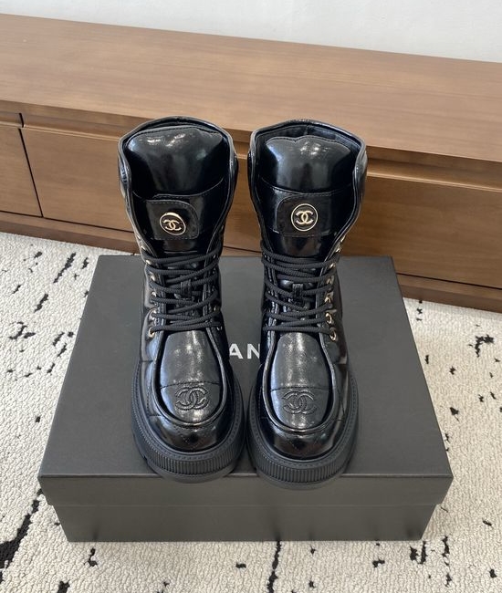 Chanel Quilted Genuine Leather Platform Ankle Boots With Lace Up