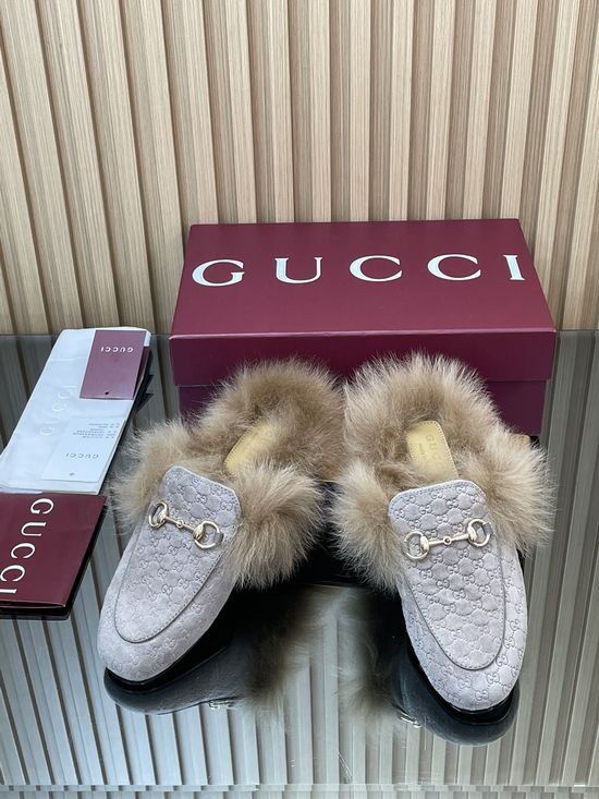Gucci Embossed Suede Fur Lined Loafer Mules with Horsebit
