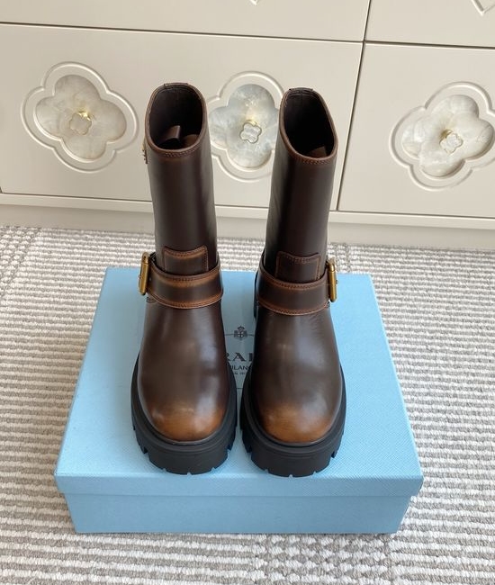 Prada Leather Biker Ankle Boots with Buckle and Rubber Sole