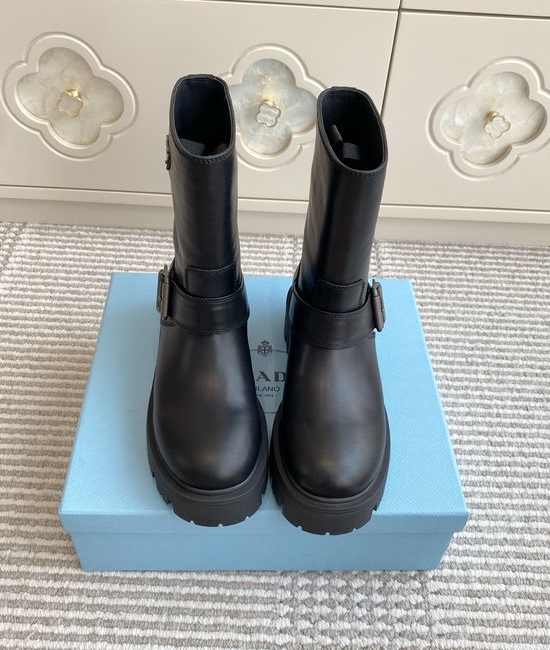 Prada Leather Biker Ankle Boots with Buckle and Rubber Sole