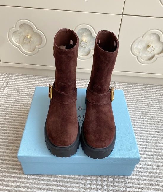 Prada Leather Biker Ankle Boots with Buckle and Rubber Sole