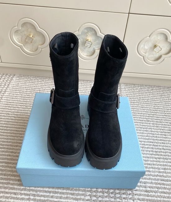 Prada Leather Biker Ankle Boots with Buckle and Rubber Sole