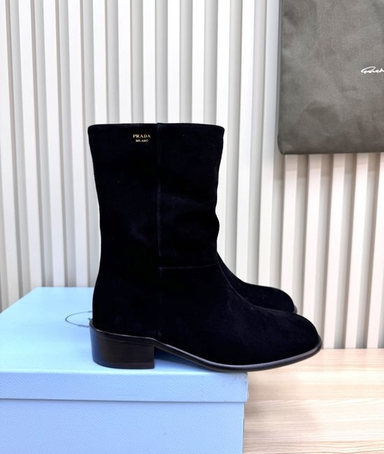 Prada Embossed Logo Leather Mid Calf Boots Comfortable Sole
