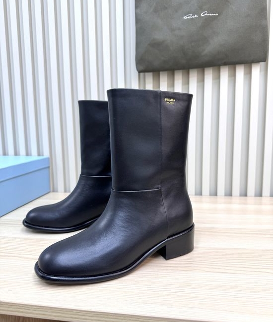 Prada Embossed Logo Leather Mid Calf Boots Comfortable Sole
