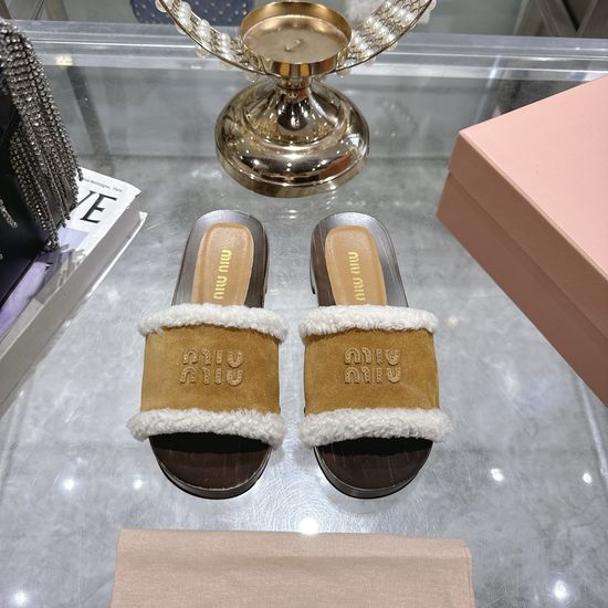 Miu Miu Wool Lined Open Toe Clogs with Wooden Sole