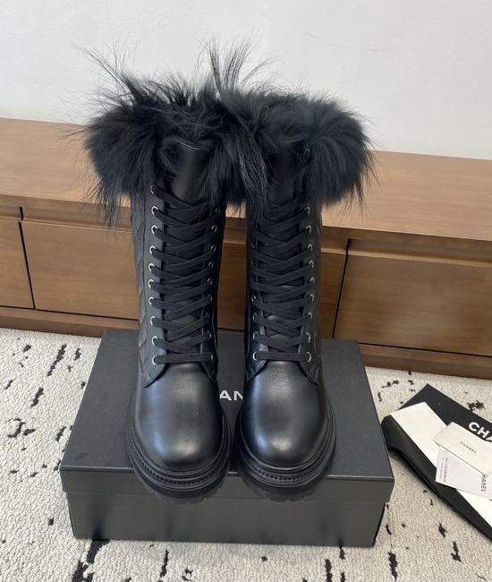 Chanel Genuine Leather Platform Mid Calf Boots With Mink Trim