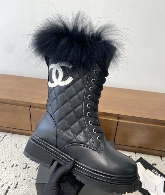Chanel Genuine Leather Platform Mid Calf Boots With Mink Trim