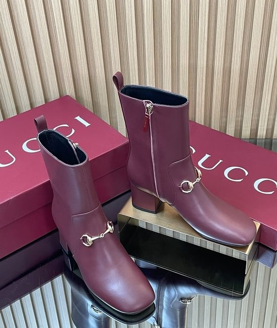 Gucci Horsebit Decor Leather Ankle Boots Square Toe Block Heel