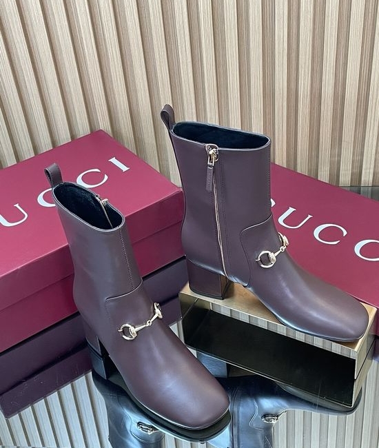 Gucci Horsebit Decor Leather Ankle Boots Square Toe Block Heel