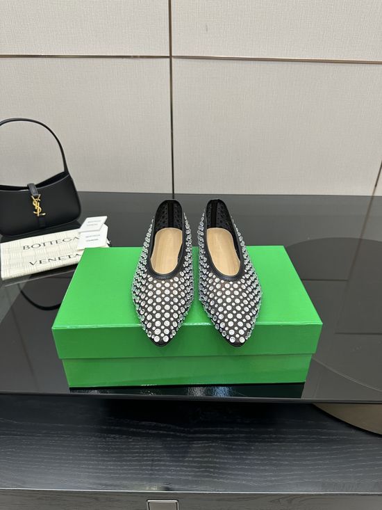 Bottega Veneta Rhinestone Mesh Round Toe Flat Comfortable Office Shoes