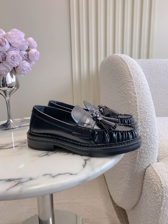 Miu Miu Tassel Decor Leather Loafers with Genuine Leather Sole