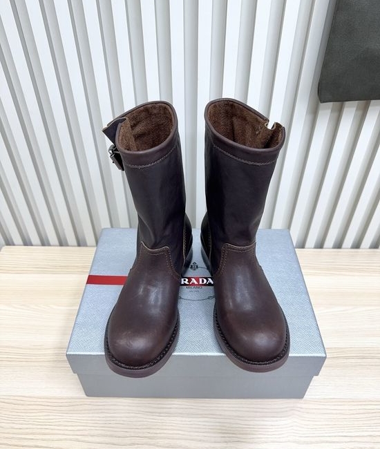 Prada Genuine Leather Riding Boots With Non-slip Sole