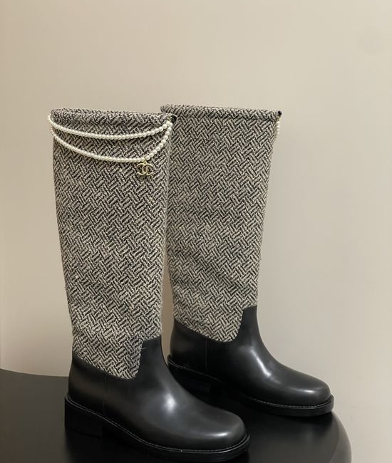 Chanel Chain Decor Leather Knee High Riding Boots