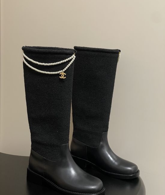Chanel Chain Decor Leather Knee High Riding Boots