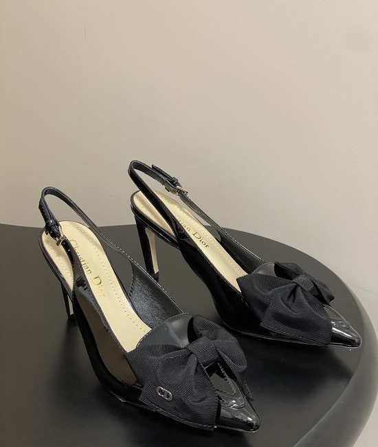 Christian Dior CD Bow Decor Pointed Toe Kitten Heel Slingback Shoes
