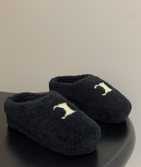 Celine Wool Upper Fleece Lined Platform Mule Slippers