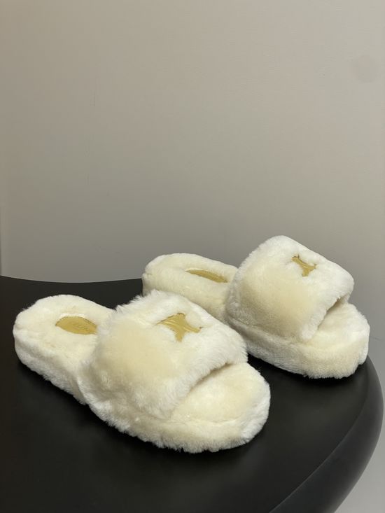 Celine Thick-Soled Wool Slip-On Slippers with Durable Rubber Base