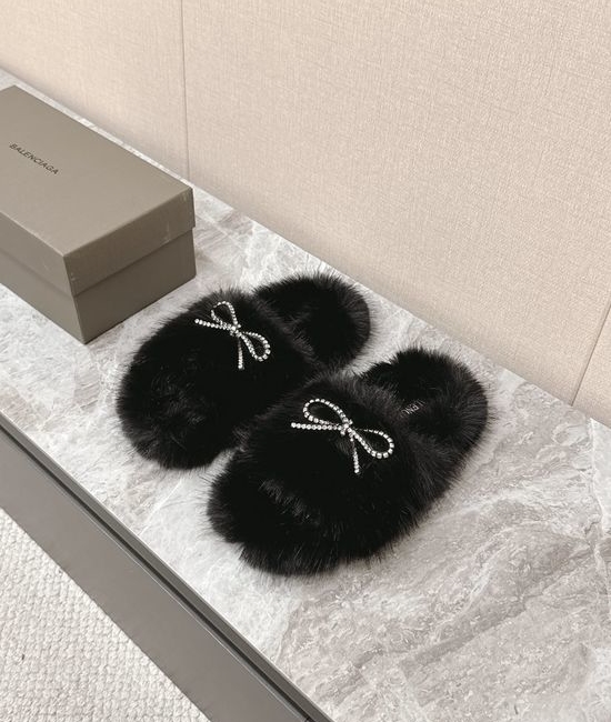 Balenciaga Faux Fur Slip On Slippers with Bow Decor
