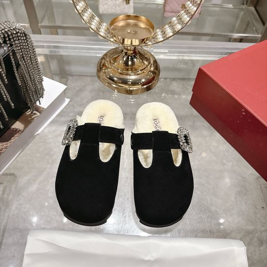 Roger Viver Rhinestone Buckle Wool Lined Mule Slippers Non-slip Platform Shoes