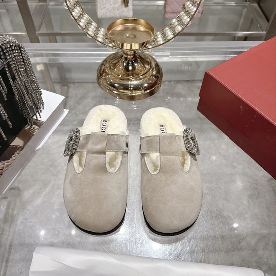 Roger Viver Rhinestone Buckle Wool Lined Mule Slippers Non-slip Platform Shoes
