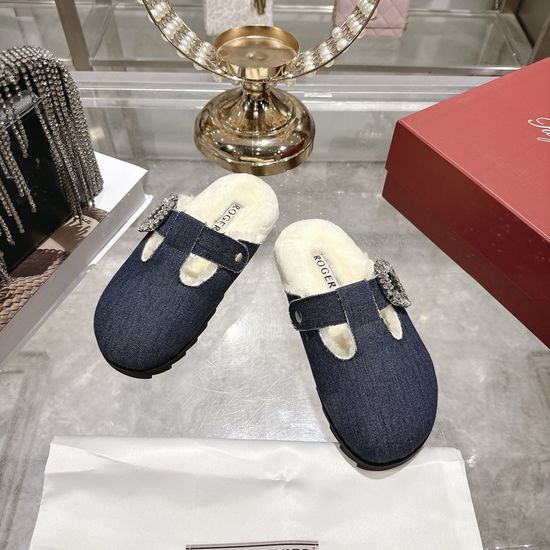 Roger Viver Rhinestone Buckle Wool Lined Mule Slippers Non-slip Platform Shoes