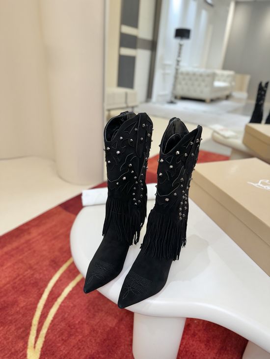 Christian Louboutine Fringe Decor Embroidered Stiletto Cowboy Boots Handcrafted