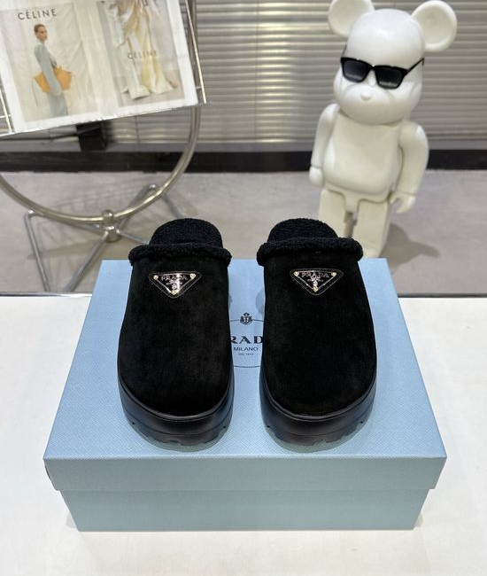 Prada Warm Plush Lined Slippers Lightweight Soft Anti Slip Sole